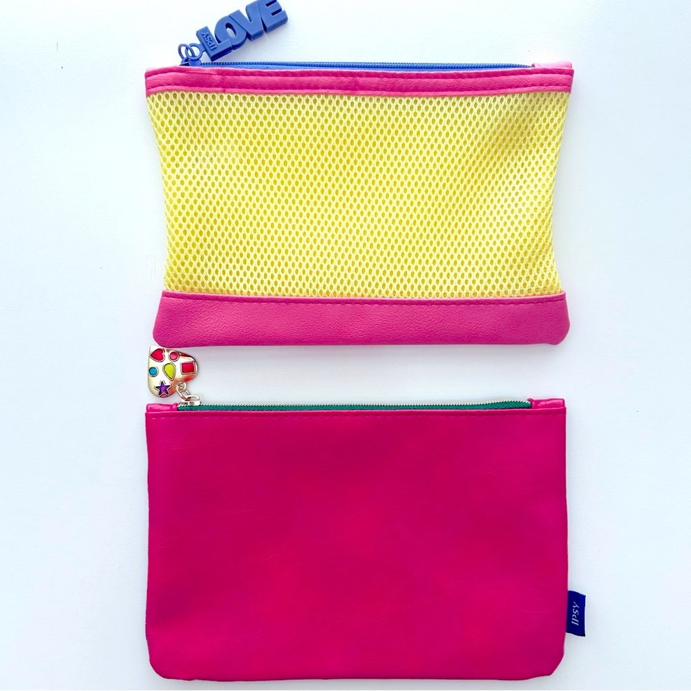 🔸NWOT Set of 2 Chic Vibrant Cosmetic Makeup Bags Cases Pouches Pink/Yellow/Blue